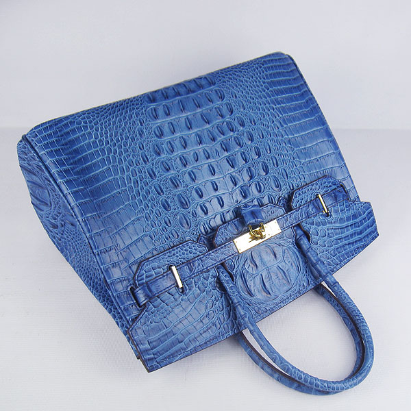 High Quality Fake Hermes Birkin 35CM Crocodile Head Veins Leather Bag Dark Blue 6089